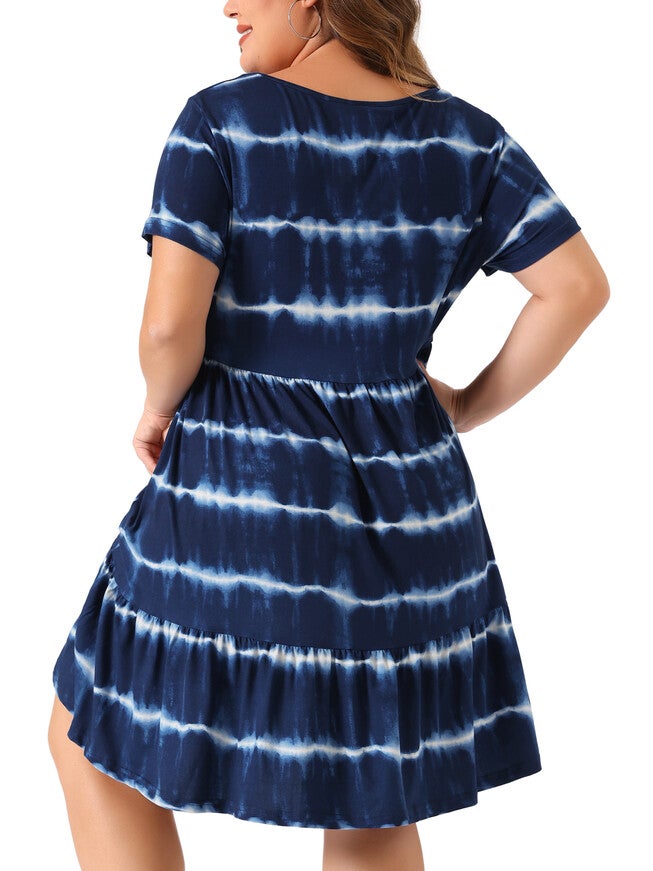 Summer Tie Dye Striped A Line Casual Swing T-Shirt Dress, Navy Blue / Black, alternate image number null