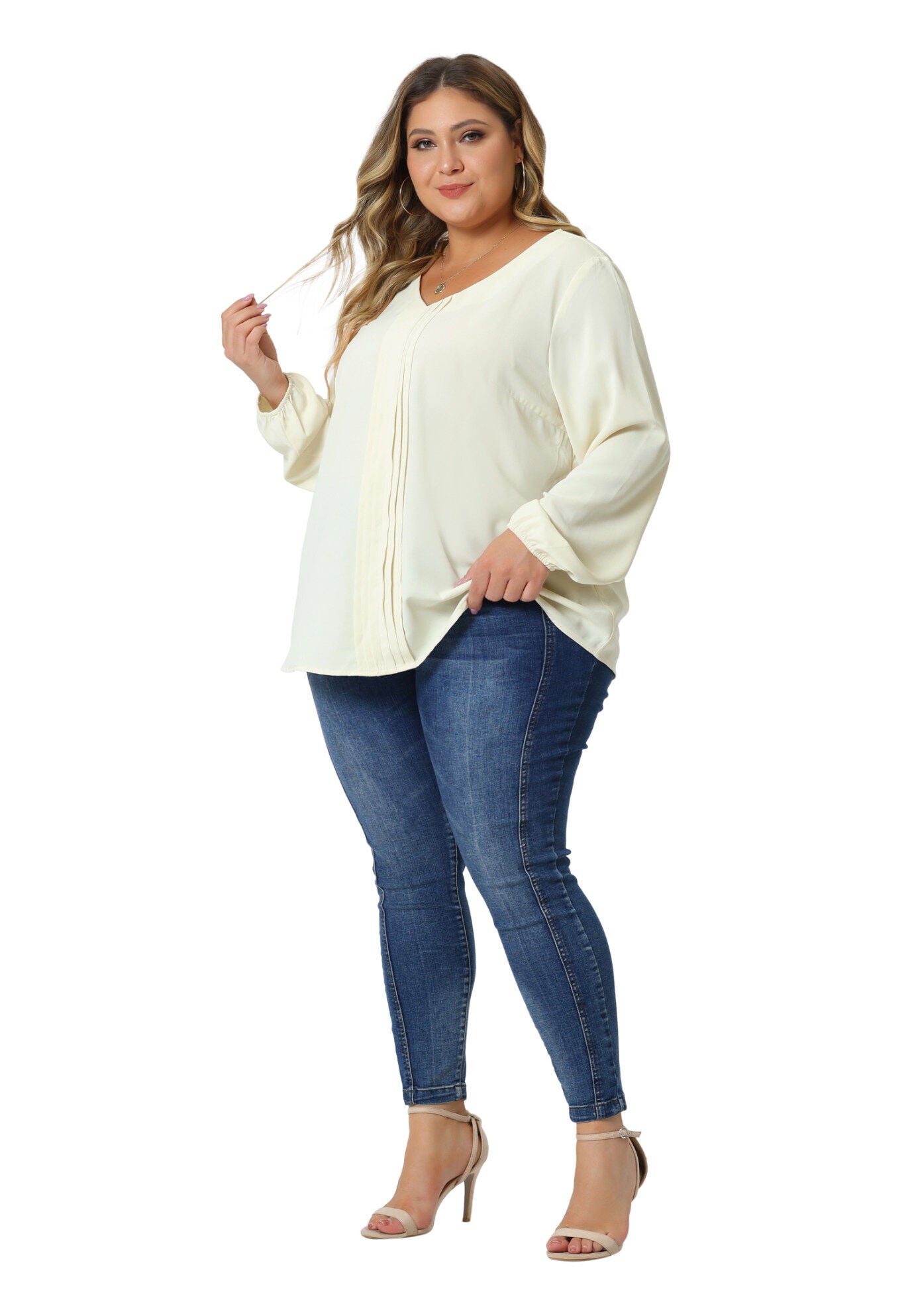 Long Sleeve Flowy Shirt Pleated V Neck Blouse, Apricot / Cream, hi-res image number 0