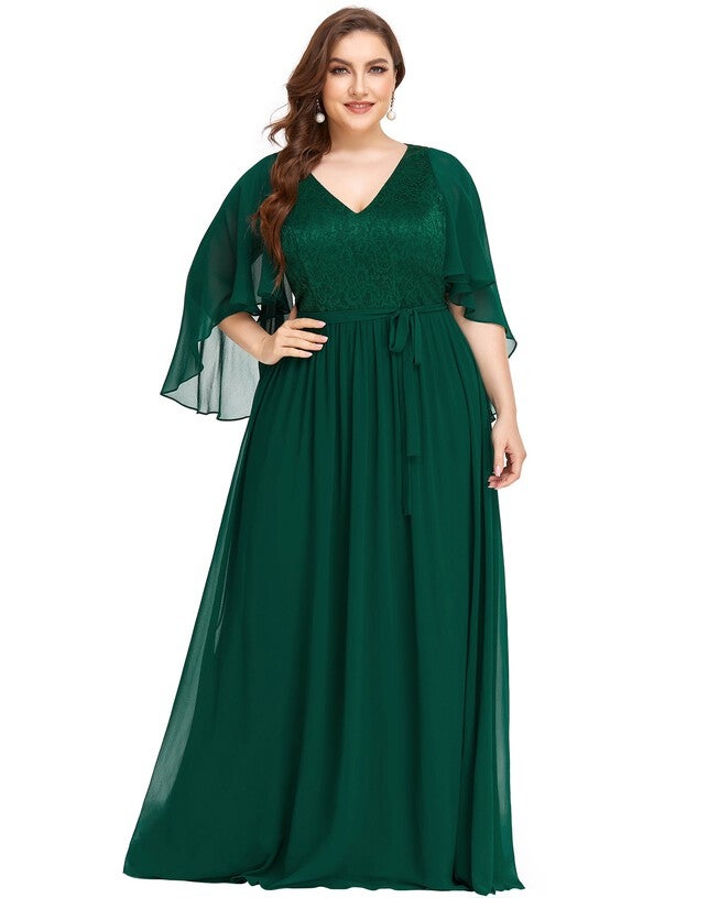 Deep V Neck Lace Bodice Long Flowy Evening Dress, Dark Green / Forest Green, hi-res image number null