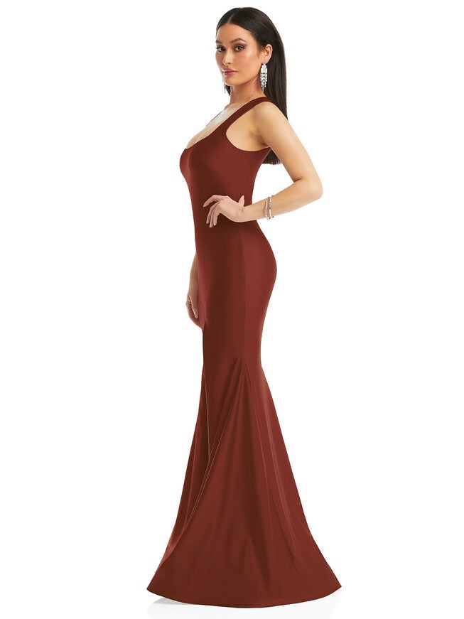 Square Neck Stretch Satin Mermaid Dress with Slight Train, Auburn Moon / Terracotta, alternate image number 1