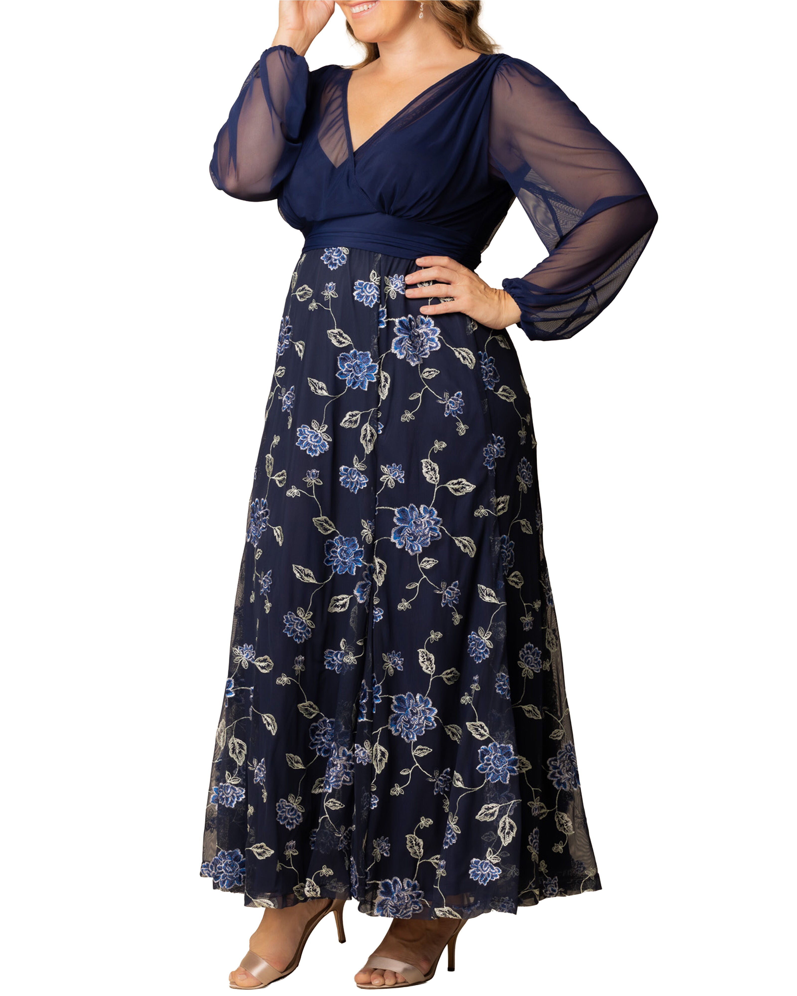 Isabella Embroidered Mesh Gown, NAVY BLUE BLOOMS / Navy, alternate image number 3