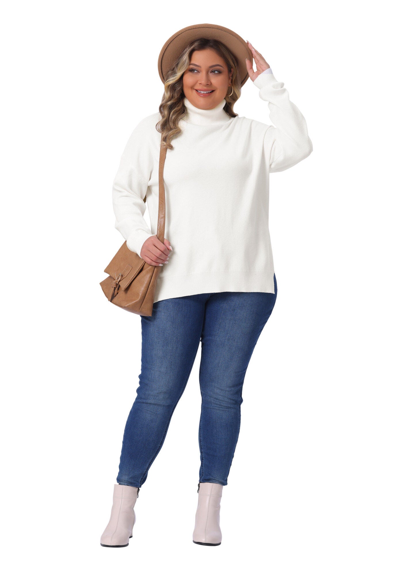 Turtle Neck Side Slit Casual Pullover Knit Top, White / White, hi-res image number 0