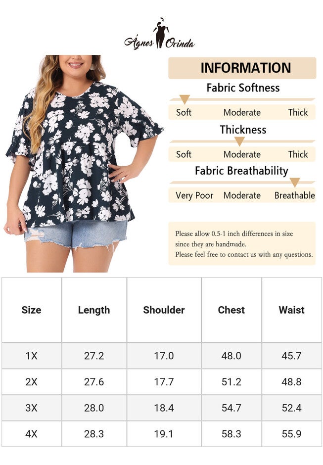 Floral Peplum Top V Neck Ruffle Short Sleeve Babydoll Blouse, Navy Blue / Navy, alternate image number null