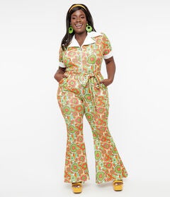Unique Vintage 1970s Green Retro Floral Wide Leg Jumpsuit