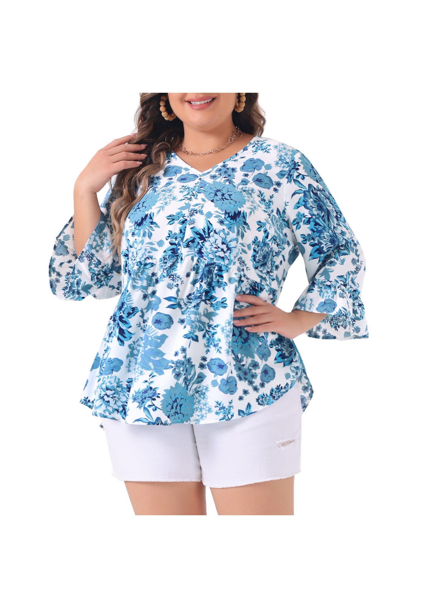 Floral V Neck Ruffle Sleeve Babydoll Peplum Blouse, Blue / Azure Blue, alternate image number 1
