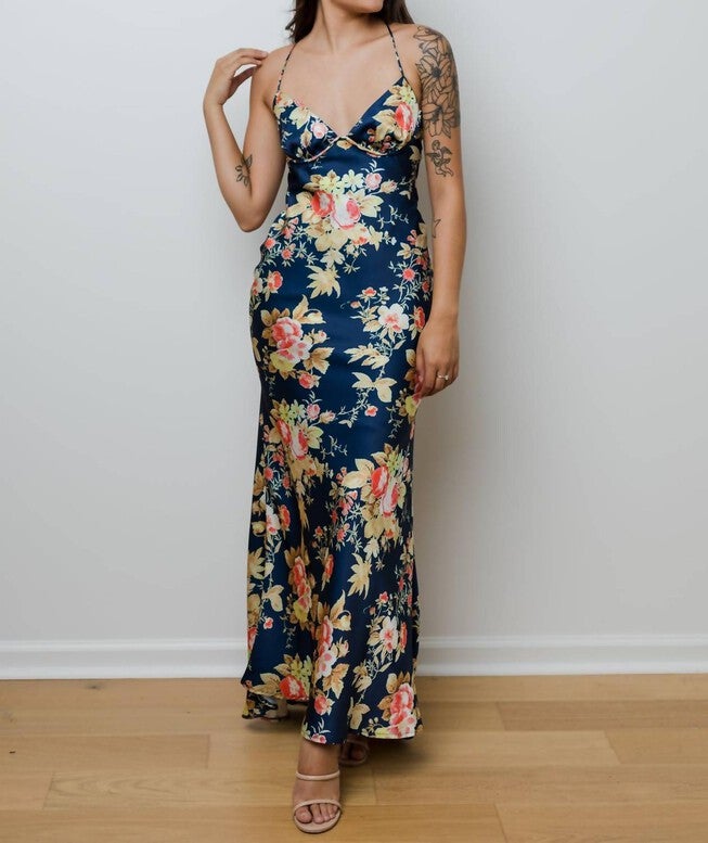 FALLING FAST SATIN MAXI DRESS IN NAVY FLORAL, Navy Floral / Black, hi-res image number 0