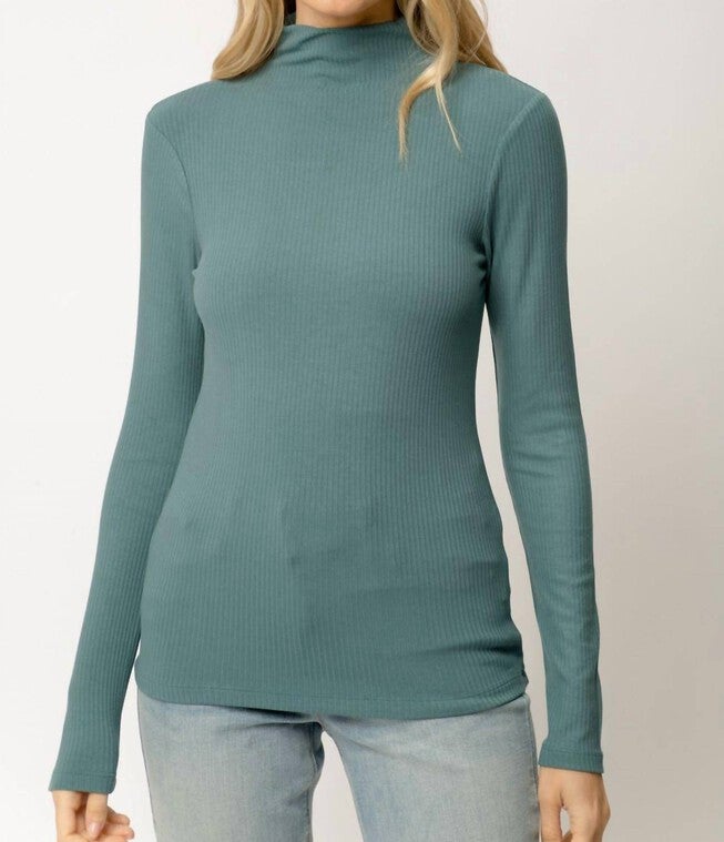 RIBBED MOCK NECK TURTLENECK TOP IN TEAL, Teal / Light Green, hi-res image number 0