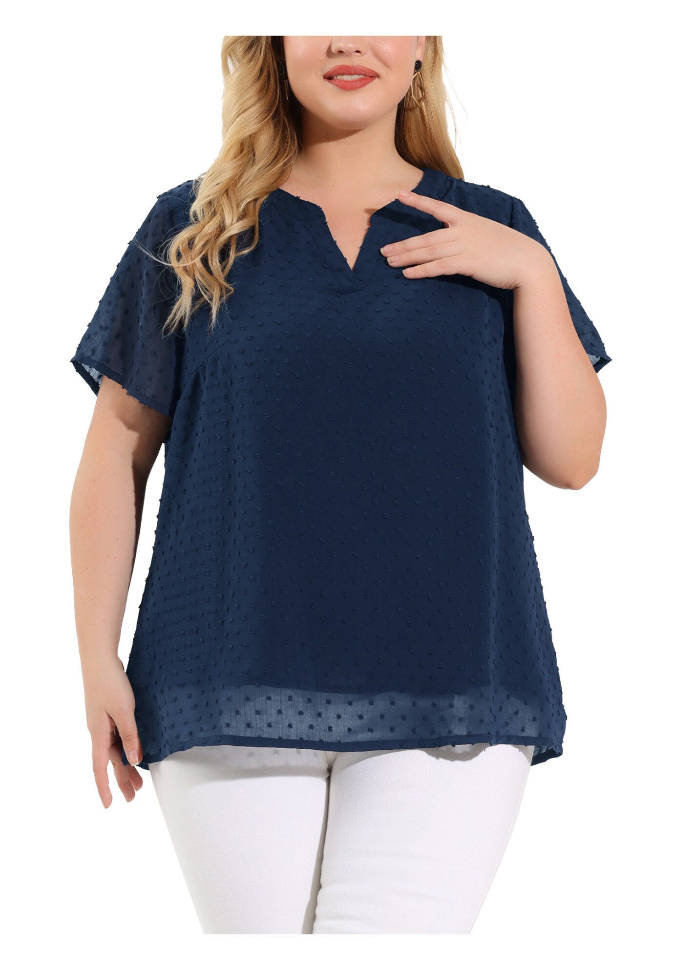 Swiss Dots Notched Neck Short Sleeve Basic Blouse, Navy Blue / Navy, alternate image number 2