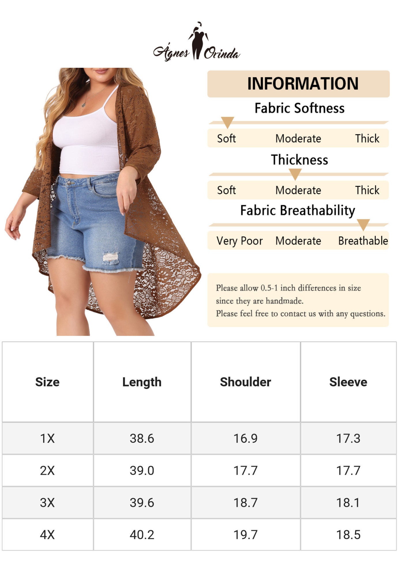 LIGHTWEIGHT 3/4 SLEEVE OPEN FRONT CROCHET LACE COVER UP, Brown / Brown, alternate image number 4