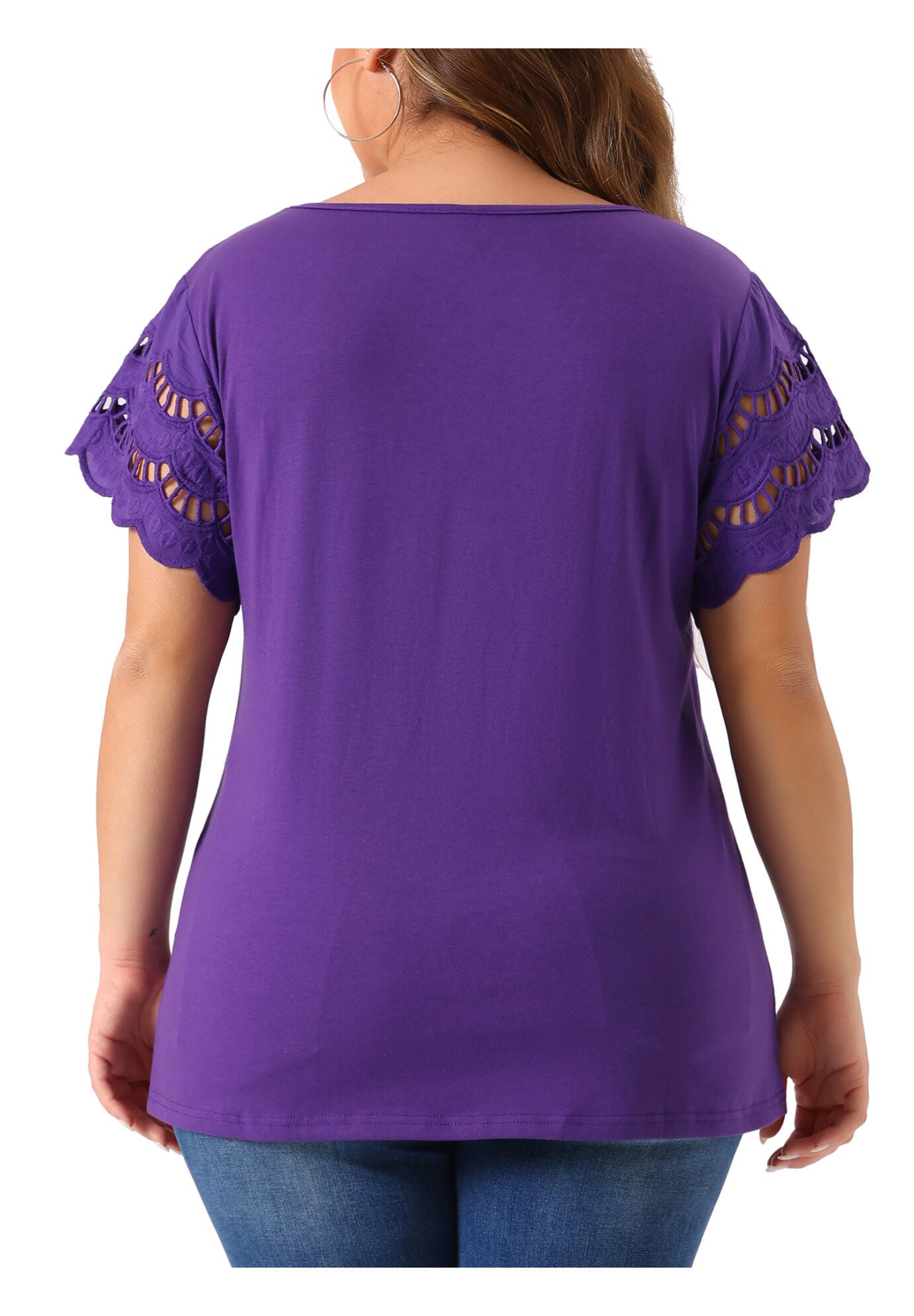 Lace Panel Hollow Short Sleeve Summer Blouse, Purple / Purple, alternate image number 1