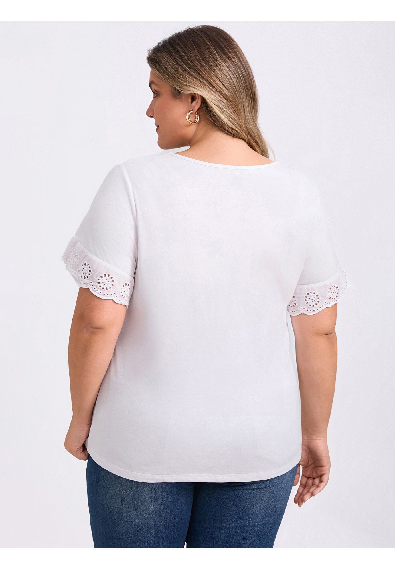 Eyelet Embroidered Lace Short Sleeve Blouse V Neck Top, White / White, alternate image number 2