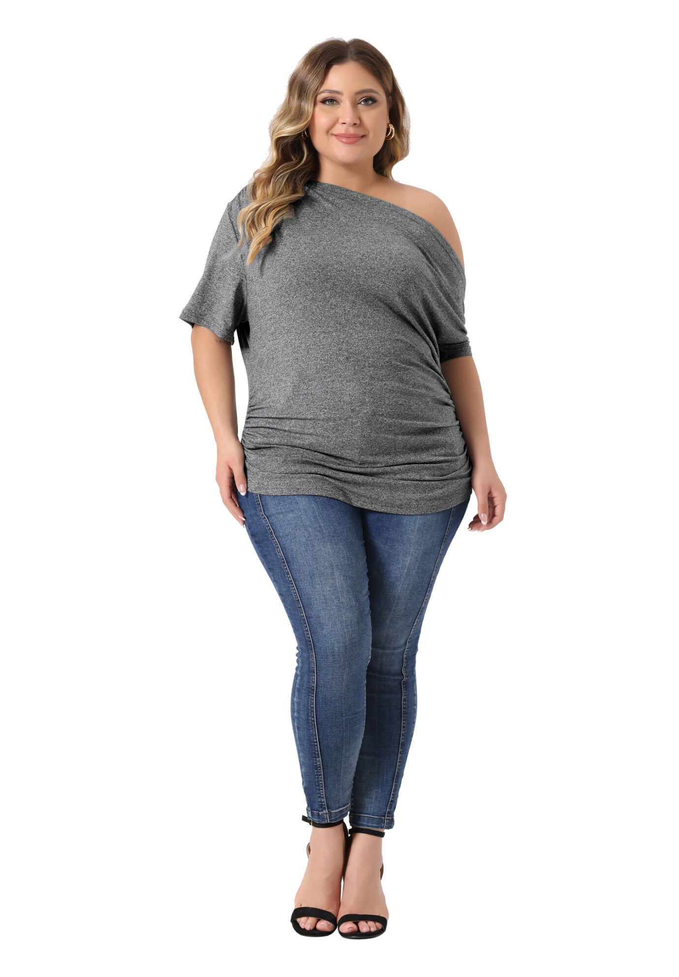 ONE SHOULDER SHORT SLEEVE RUCHED TOP, Gray / Charcoal Grey, hi-res image number 0