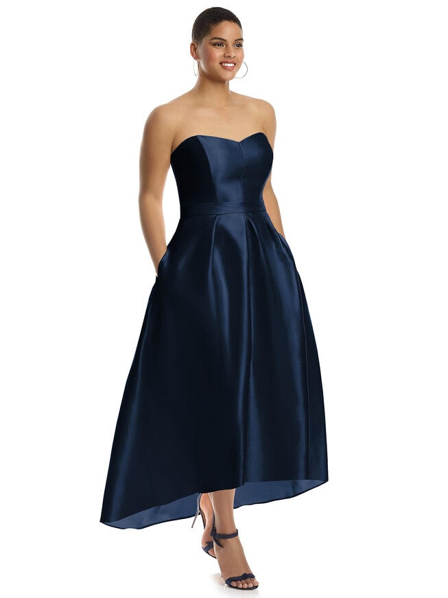Strapless Satin High Low Dress with Pockets, Midnight Navy / Navy, hi-res image number null
