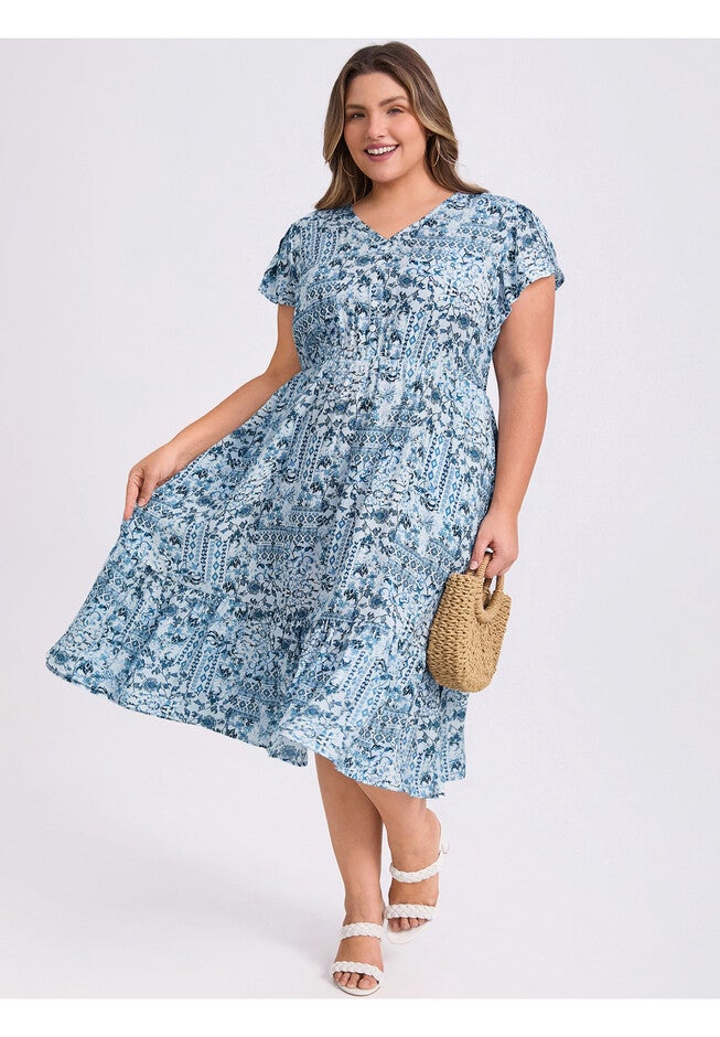 Floral Print V Neck Cap Sleeve A Line Flowy Midi Dress with Pockets, Lake Blue / Light Blue, alternate image number null