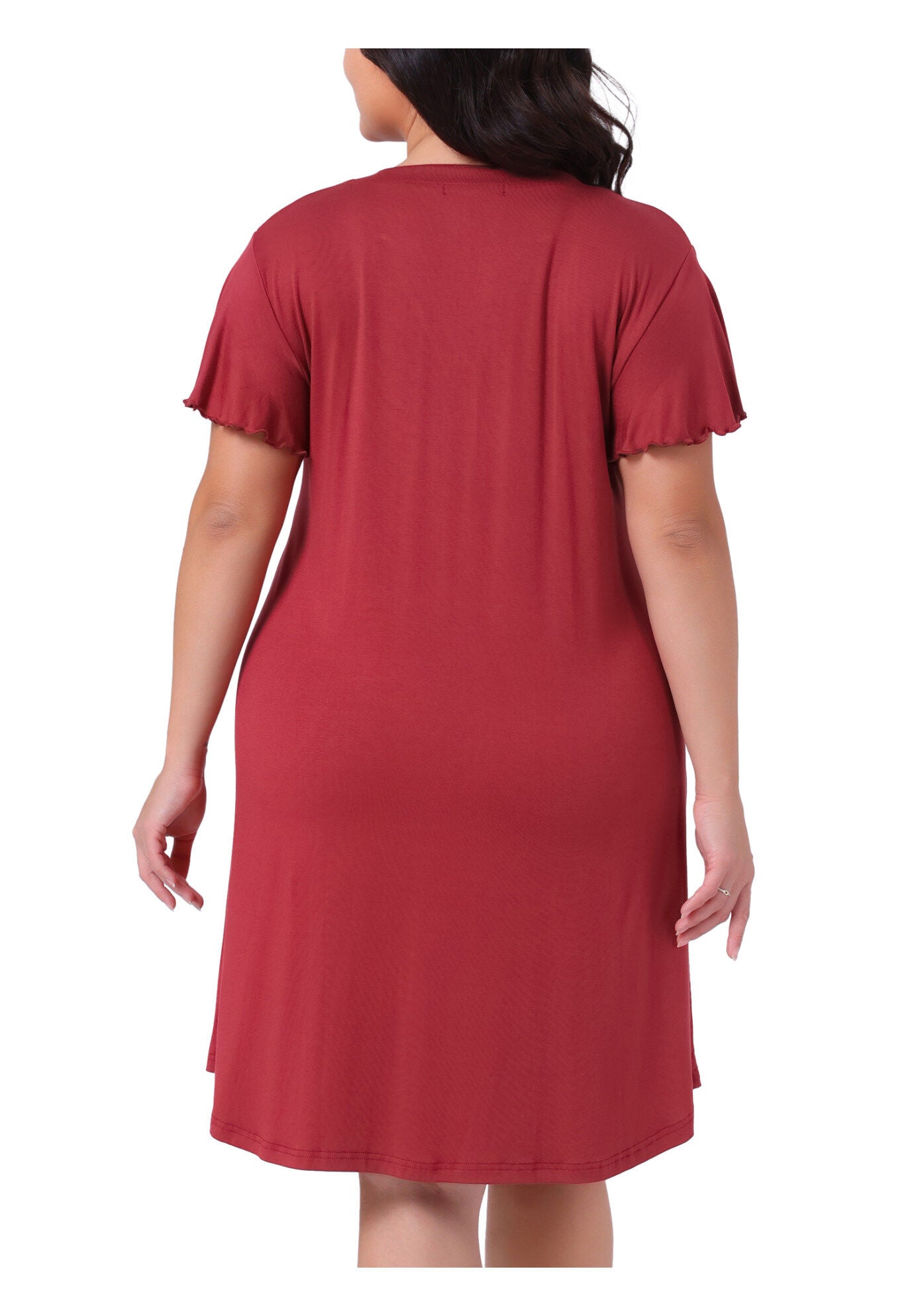 V Neck Nightshirt Ruffle Short Sleeve Loungewear, Burgundy / Burgundy, alternate image number 3