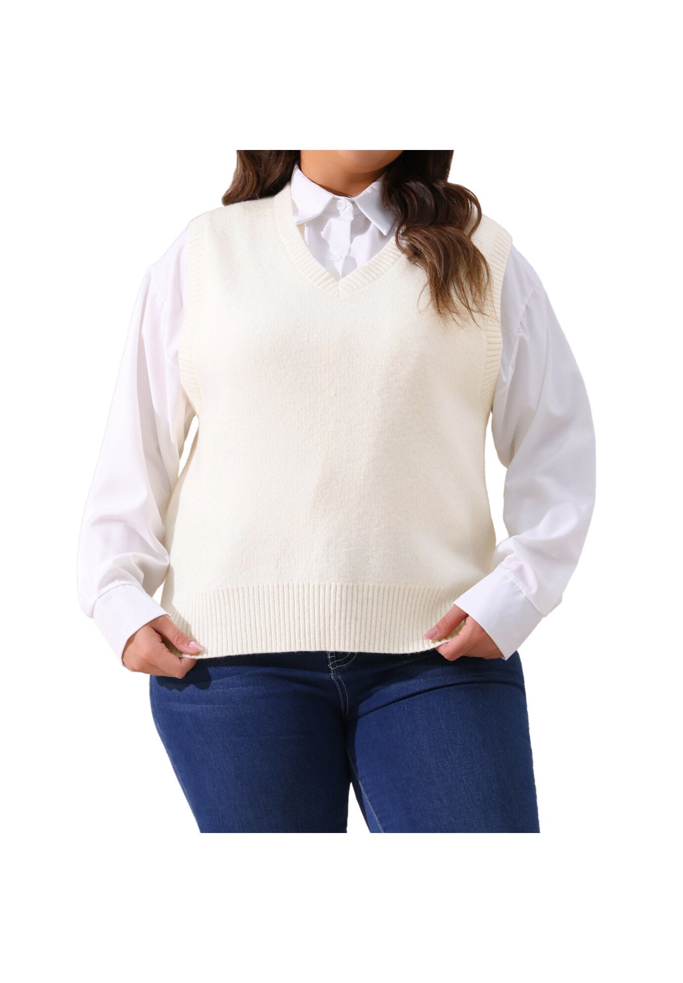 V Neck Knit Vest Sleeveless Pullover Sweater Top, White / White, alternate image number 2