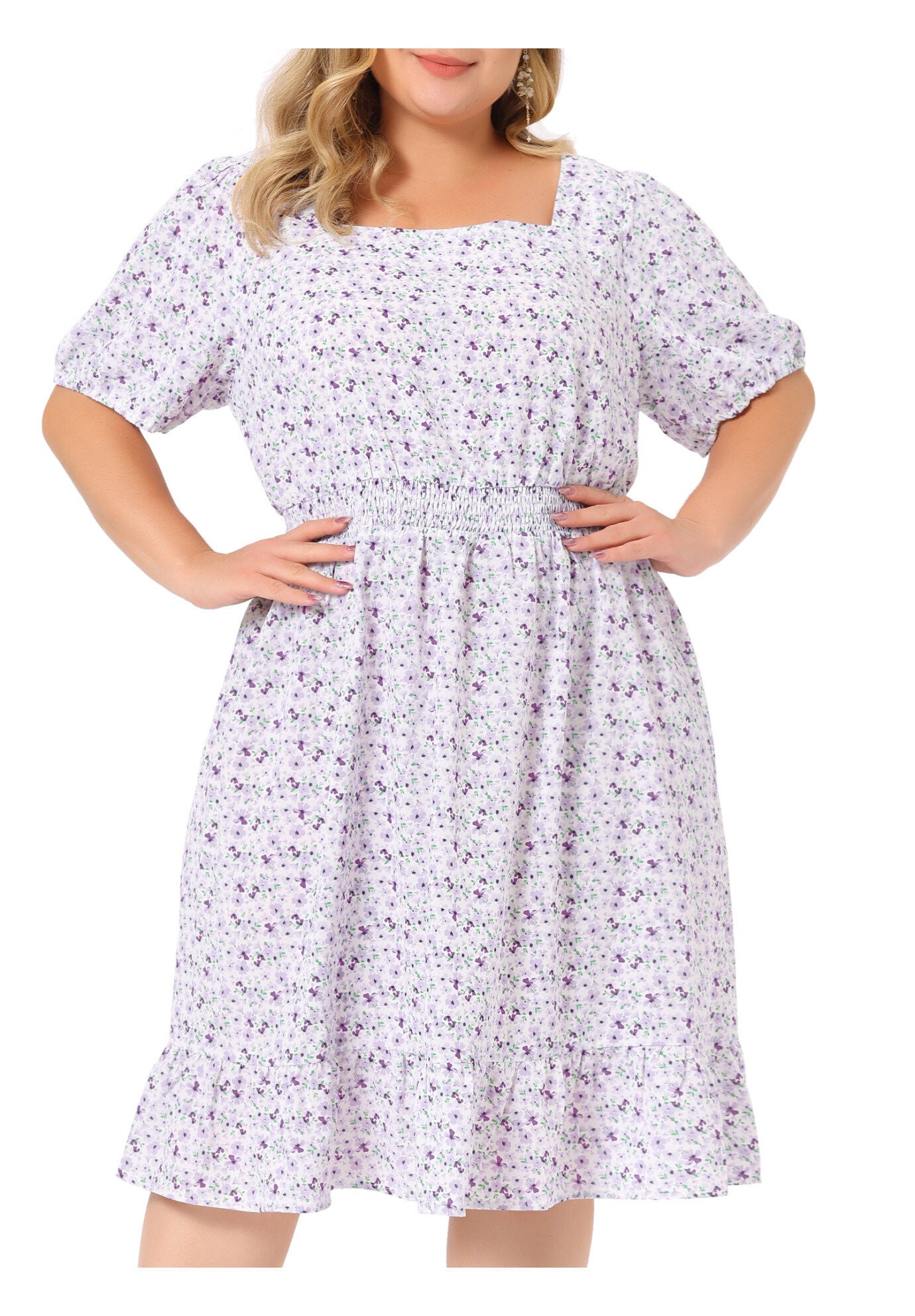 SHORT SLEEVE SQUARE NECK ELASTIC WAIST FLORAL DRESS, Purple / Purple, alternate image number 1