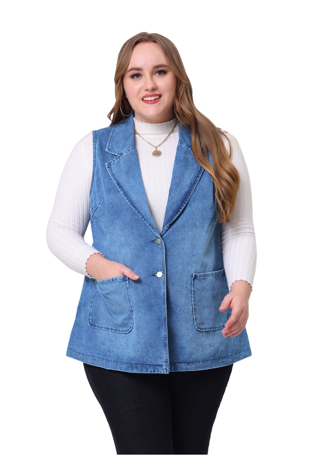 SLEEVELESS LAPEL LONG JEAN DENIM TUNIC VEST, Medium Blue / Royal Blue, hi-res image number 0