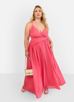 VITTORIA CHIFFON DRAPE MAXI A LINE DRESS - CORAL PINK