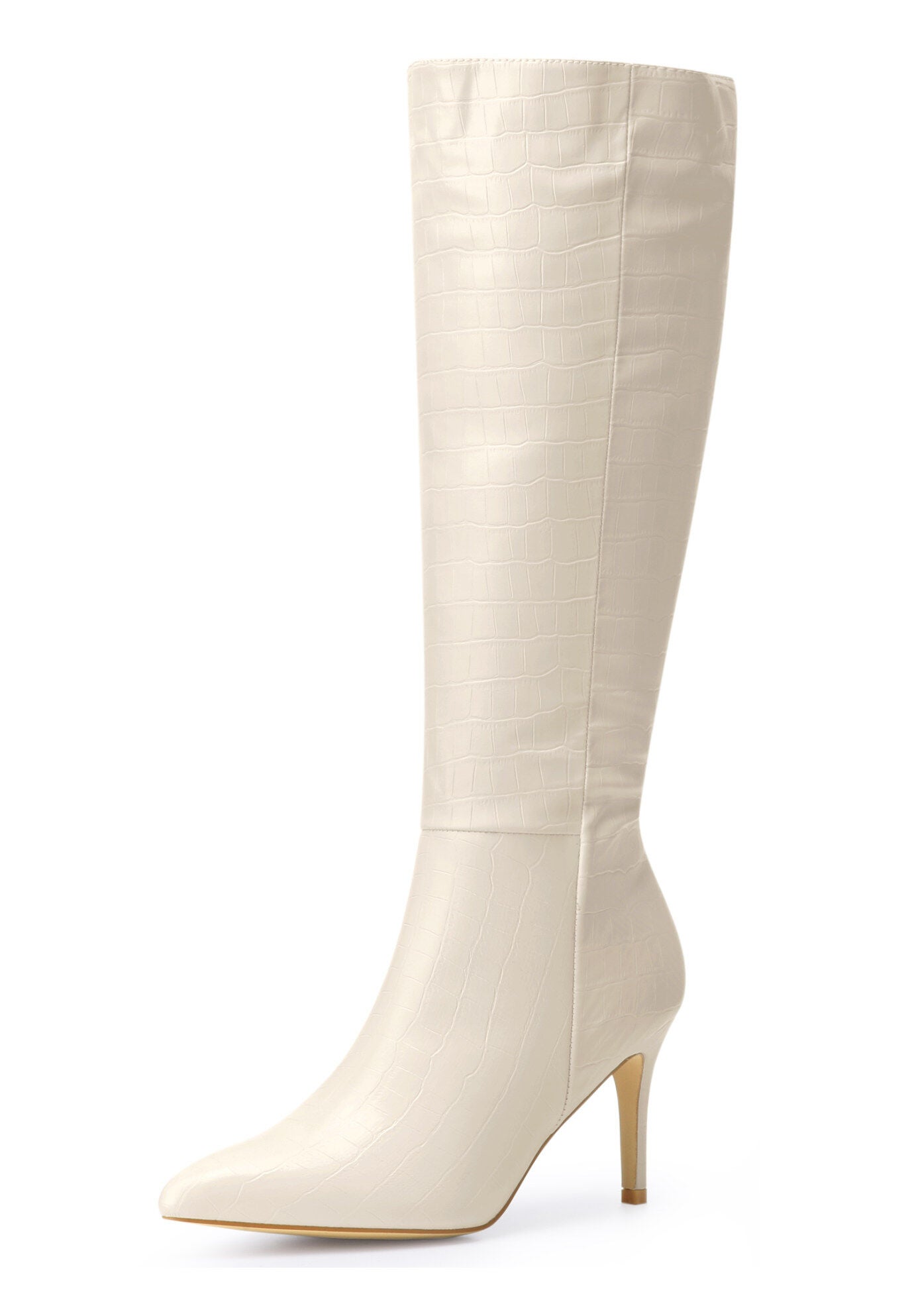 Stone Pattern Stiletto Heels Knee High Boots, Cream / Cream, alternate image number 3