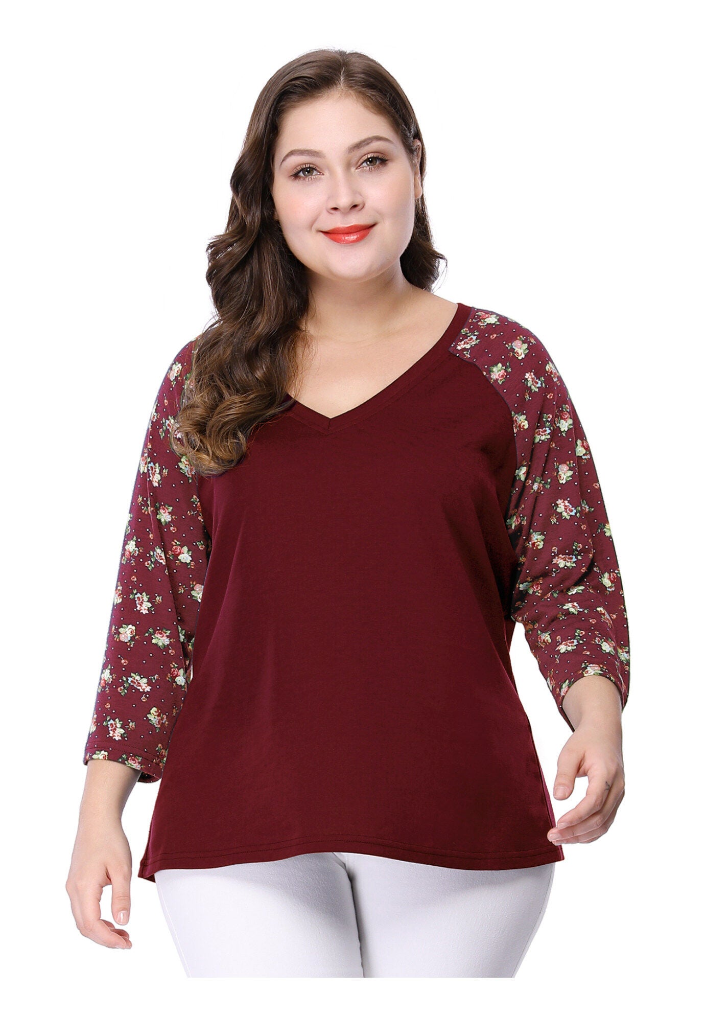 Casual V Neck 3/4 Sleeve Floral Raglan Top, Red / Red, alternate image number 2