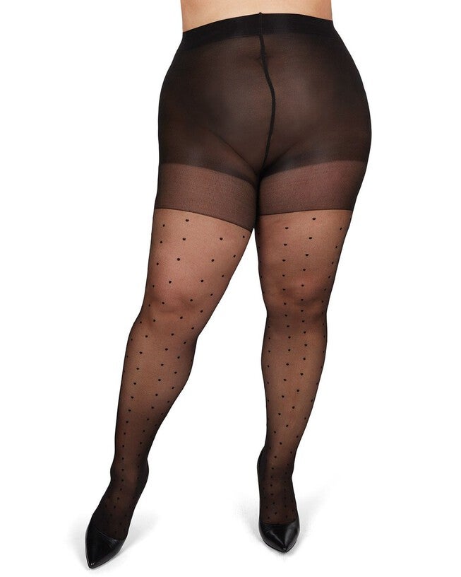 Pindot Sheer Plus Size Curvy Control Top Tights, BlackBlack / Black, alternate image number null