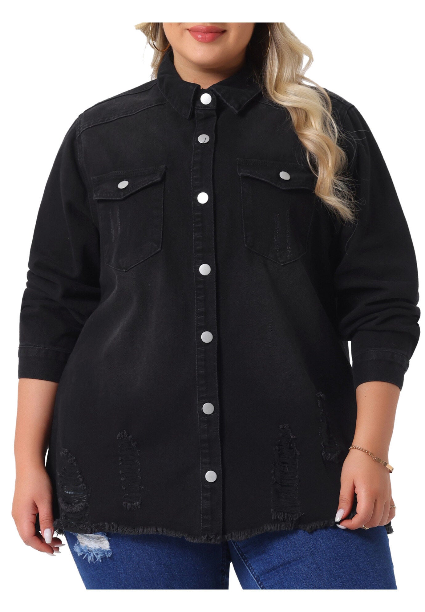 Long Sleeve Denim Jackets Boyfriend Shirt Jean Jacket, Black / Black, alternate image number 1