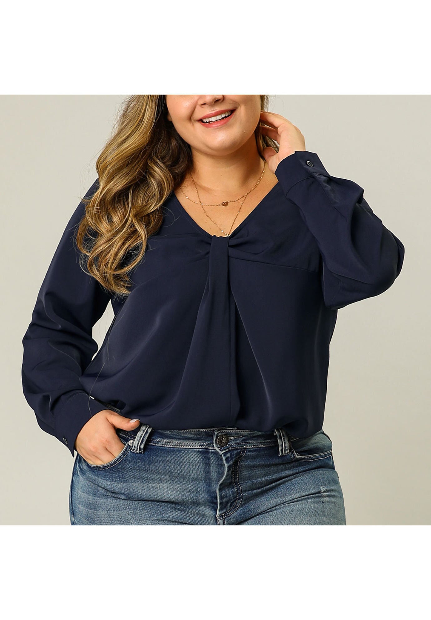 V NECK LONG SLEEVE TWIST KNOT TOP, Dark Blue / Navy, alternate image number 1