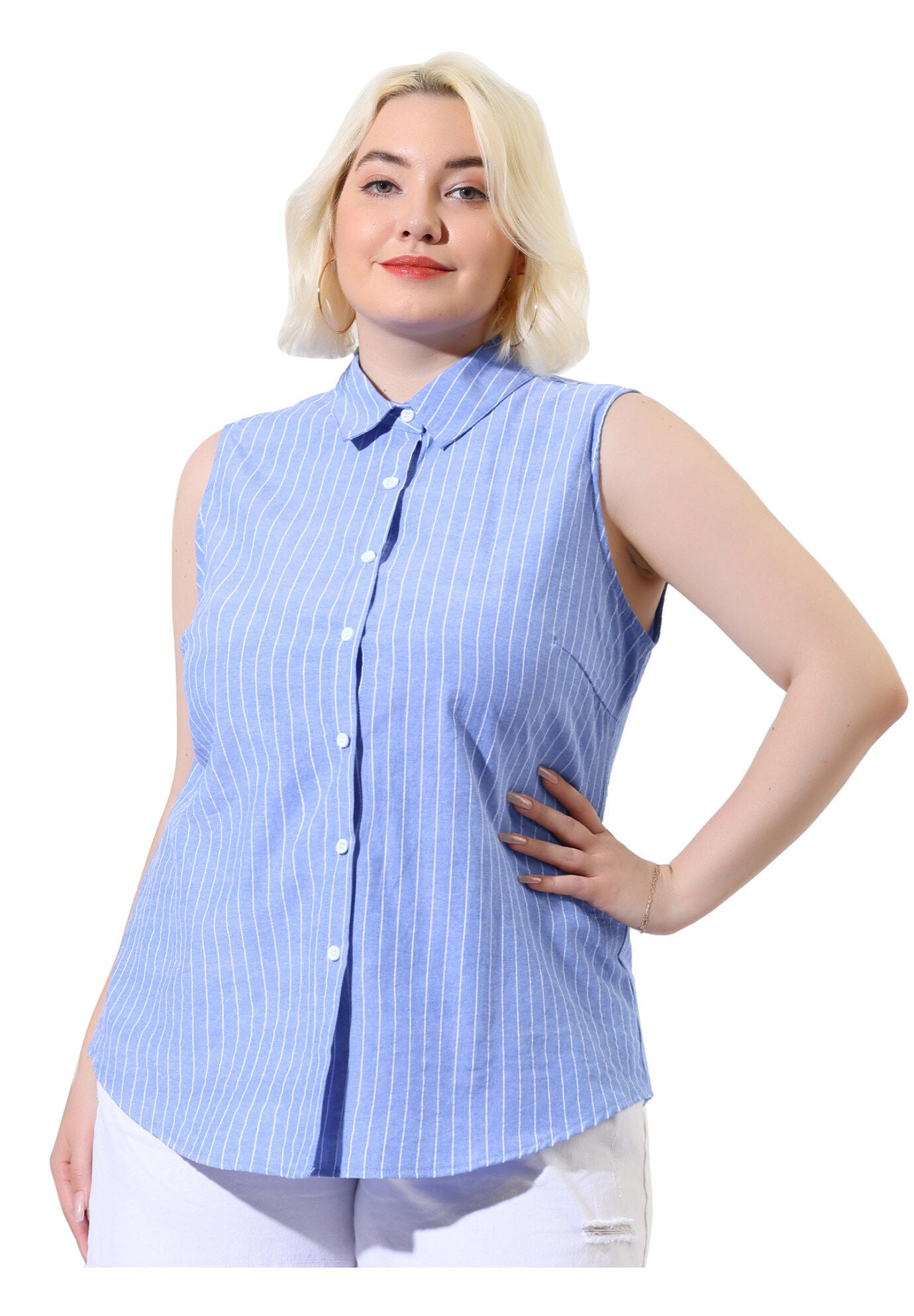 SLEEVELESS TOP SUMMER CASUAL BUTTON DOWN TANK SHIRT, Sky Blue / Light Blue, alternate image number 1