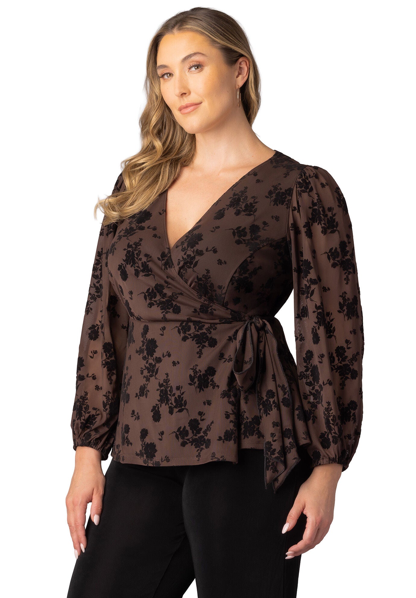 Alissa Long Sleeve Wrap Top, Sable Flocked Florals / Brown, alternate image number 3