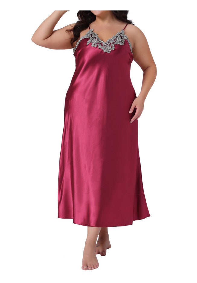 Satin Lingerie Slips Chemise Maxi Nightdress, Wine Red / Burgundy, alternate image number null