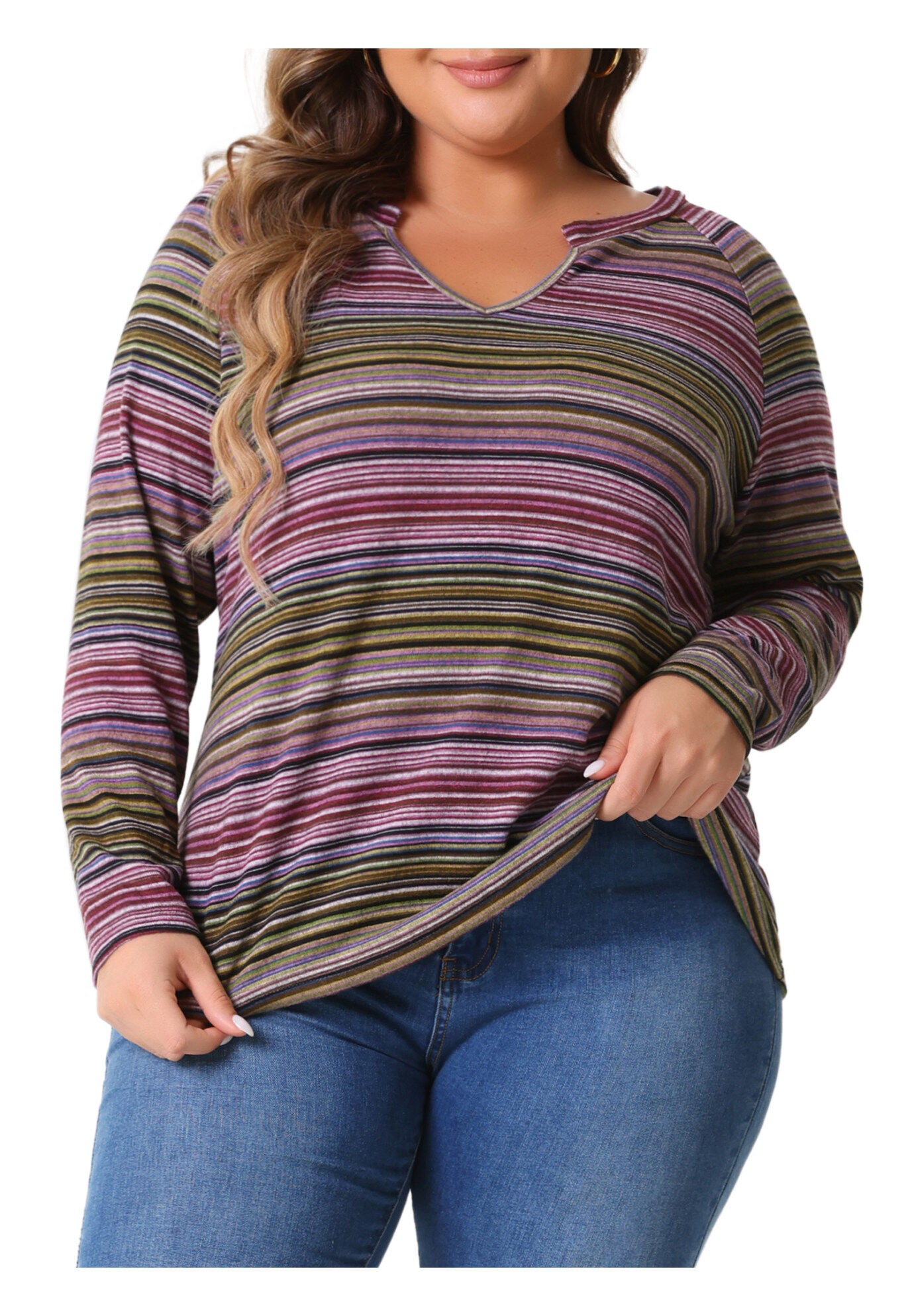 Long Sleeve T-Shirt Notch V Neck Blouse, Pink / Pink, alternate image number 1