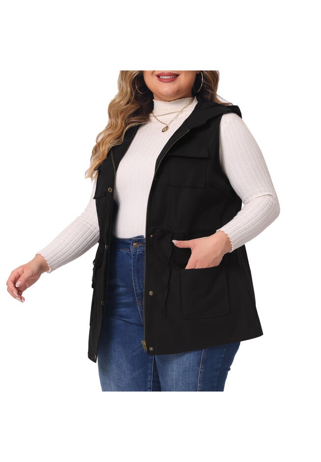 DRAWSTRING LIGHTWEIGHT SLEEVELESS CARGO HOODED ANORAK UTILITY VEST, Black / Black, alternate image number 1