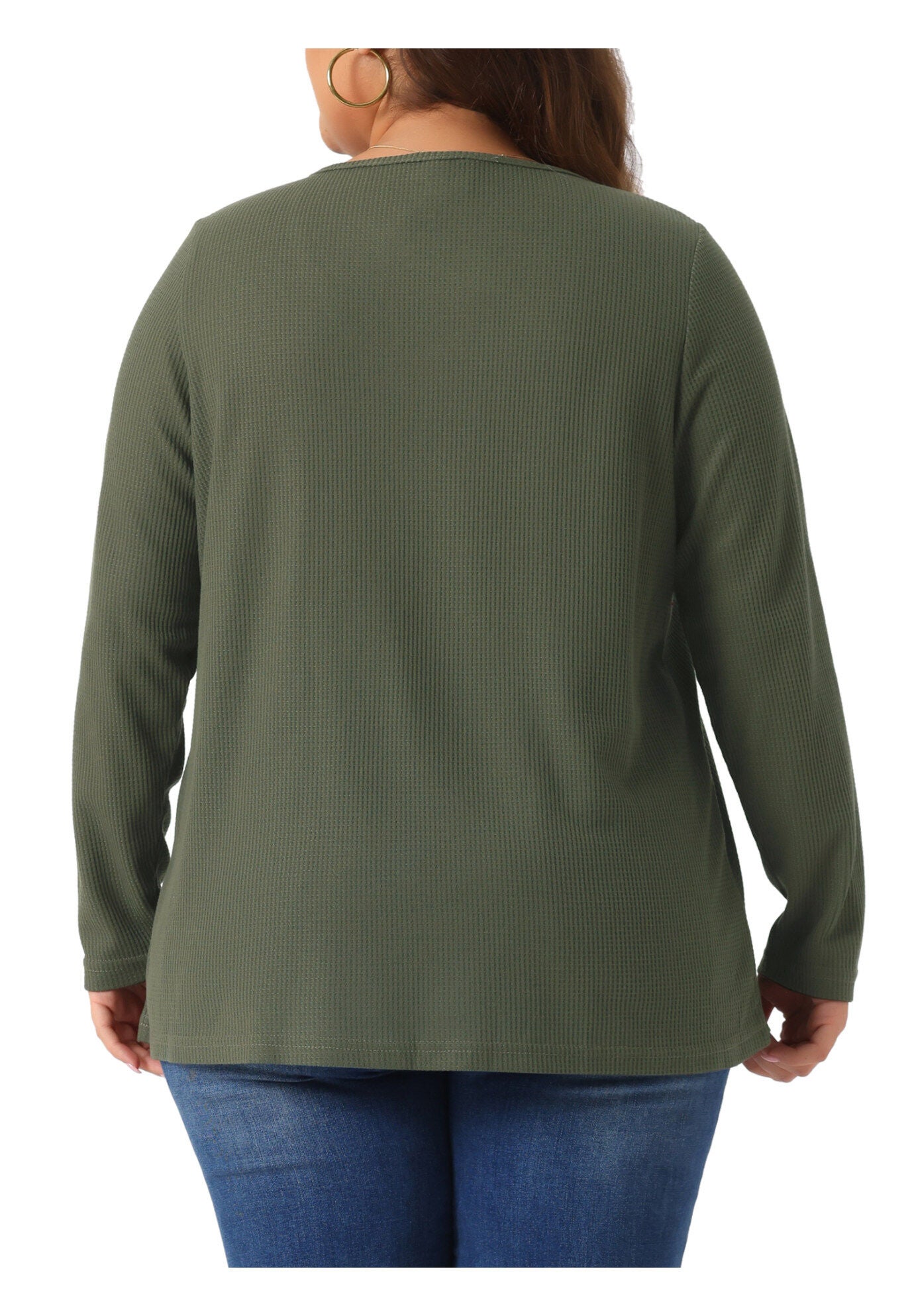 Crew Neck Pleat Front Long Sleeve Waffle Knit Blouse Shirt, Army Green / Olive Green, alternate image number 3