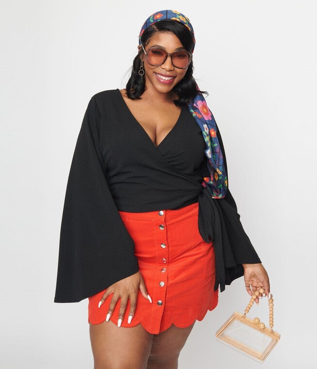 Smak Parlour Black Bell Sleeve Wrap Top, Black / Black, hi-res image number 0