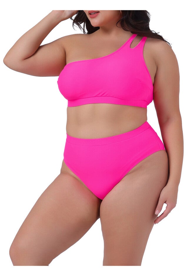 High Waisted Bikini Two Piece One Shoulder Keyhole Swimsuit, Hot Pink / Deep Fuchsia, alternate image number 2