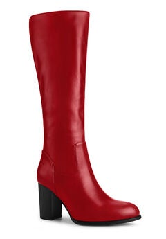 Round Toe Stacked Block Heels Knee High Boots