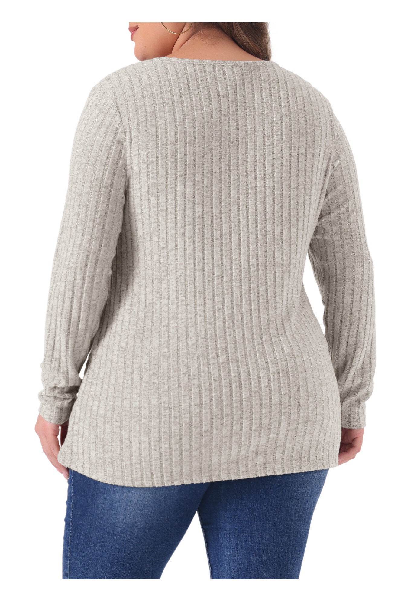 V Neck Long Sleeve Ribbed Brushed Tunic Blouse, Beige Brown / Warm Grey, alternate image number 3
