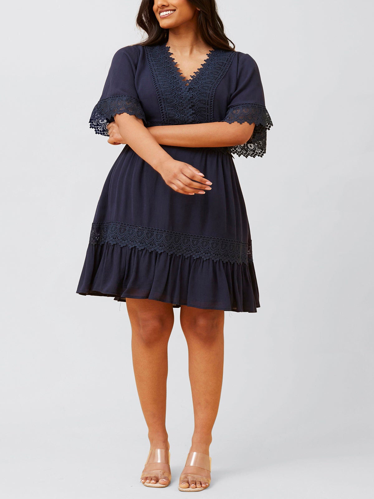 Paloma Short Dress Embroidered Details Solid, Navy / Navy, hi-res image number 0