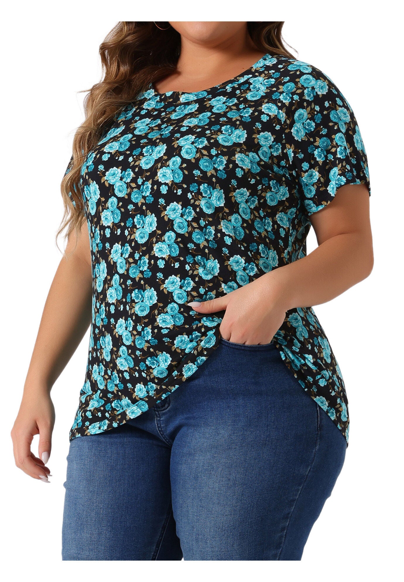 Floral Blouse Short Sleeves Loose Top, Blue / Cobalt, alternate image number 1