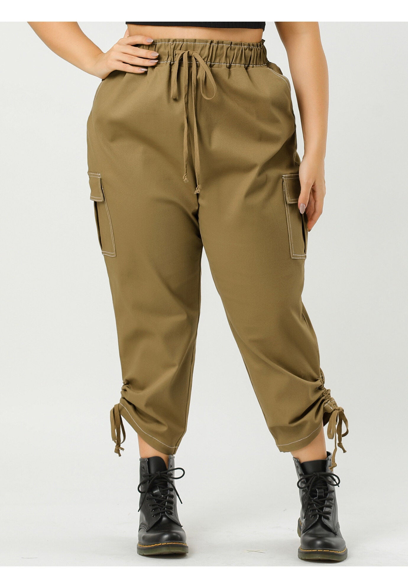 DRAWSTRING ELASTIC WAIST CARGO PANTS, Khaki / Brown, alternate image number 1