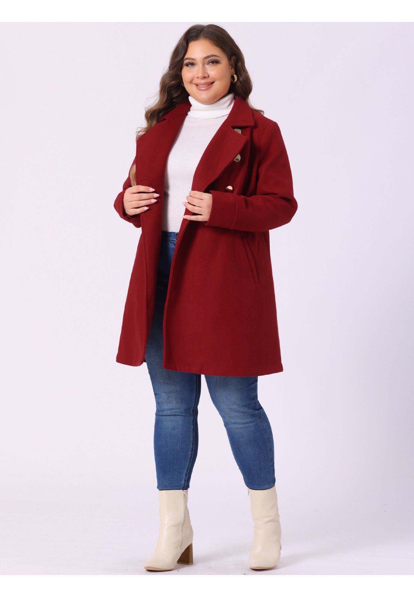 A-LINE PETER PAN COLLAR DOUBLE BREASTED PEACOAT, Dark Red / Red, hi-res image number 0