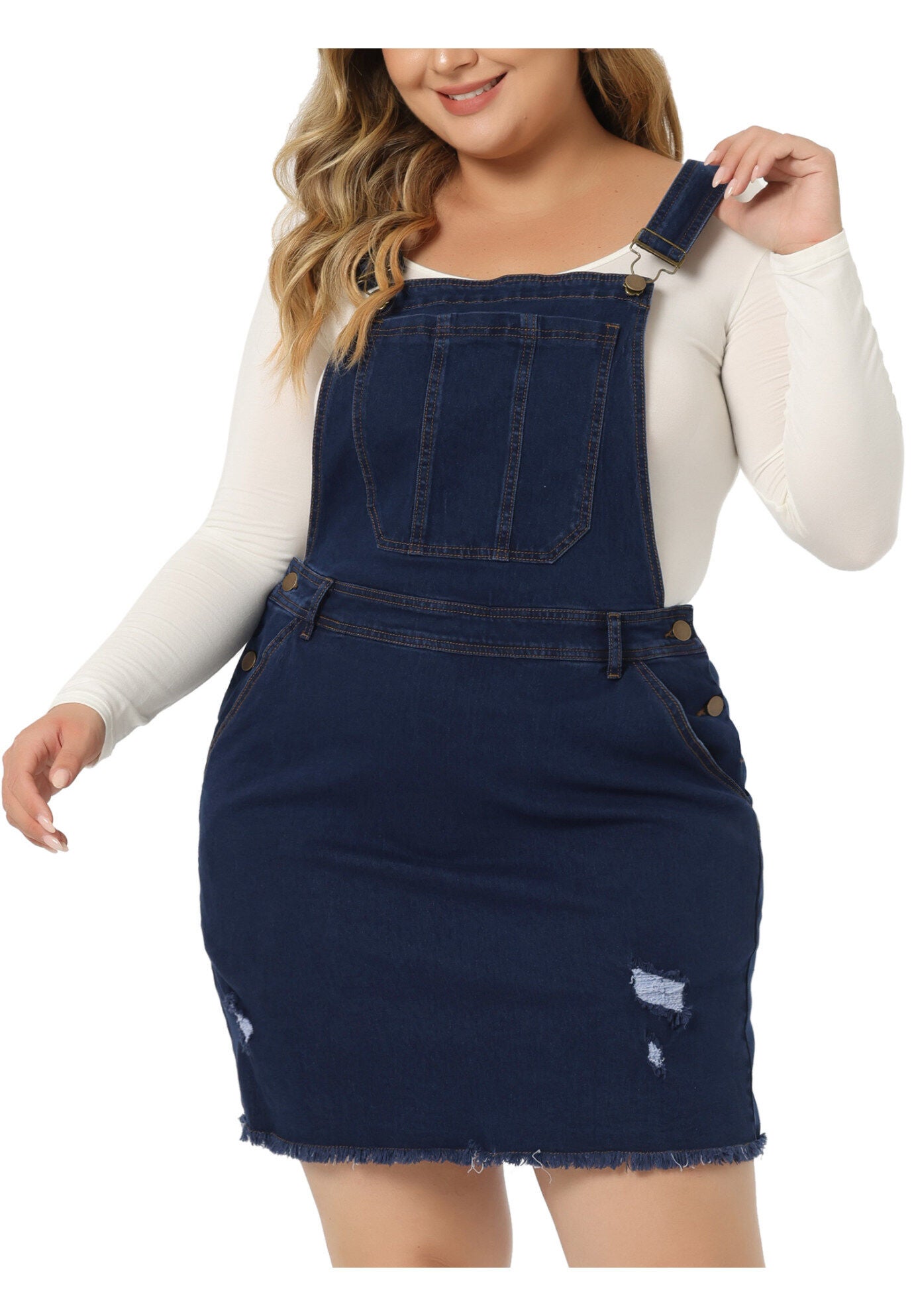 ADJUSTABLE STRAP DISTRESSED DENIM SUSPENDER SKIRT OVERALL DRESS, Dark Blue / Navy, alternate image number 2
