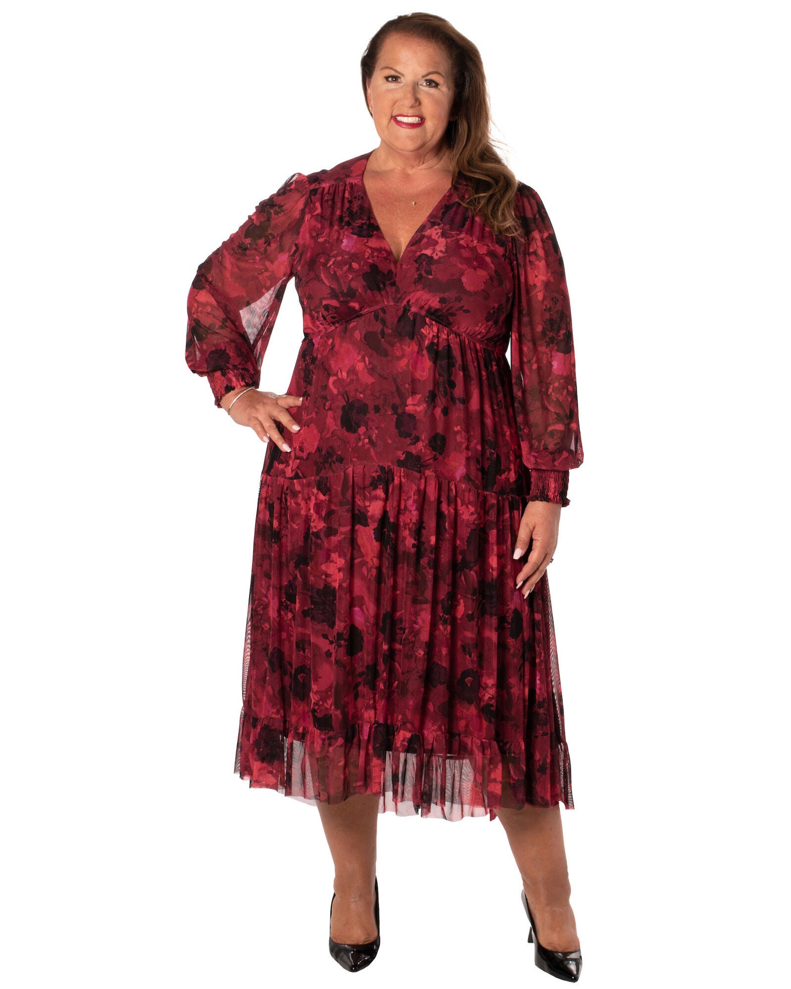PRINTED VICTORIA MESH FULLY LINED DRESS  WITH SMOCKING, REDRASPBERRYBLACK / Red, hi-res image number 0