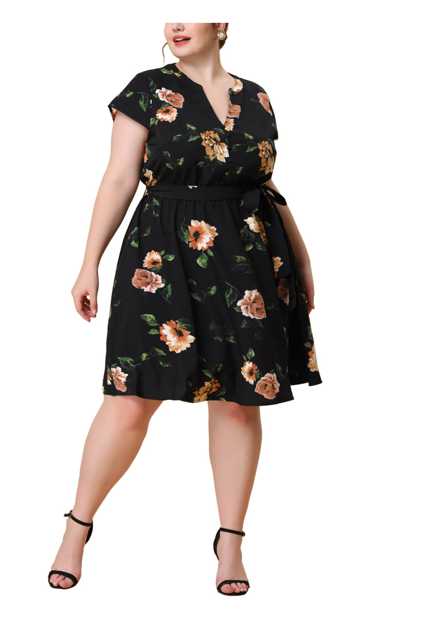 V Neck Belted Summer Floral Dress, Black / Black, alternate image number 1