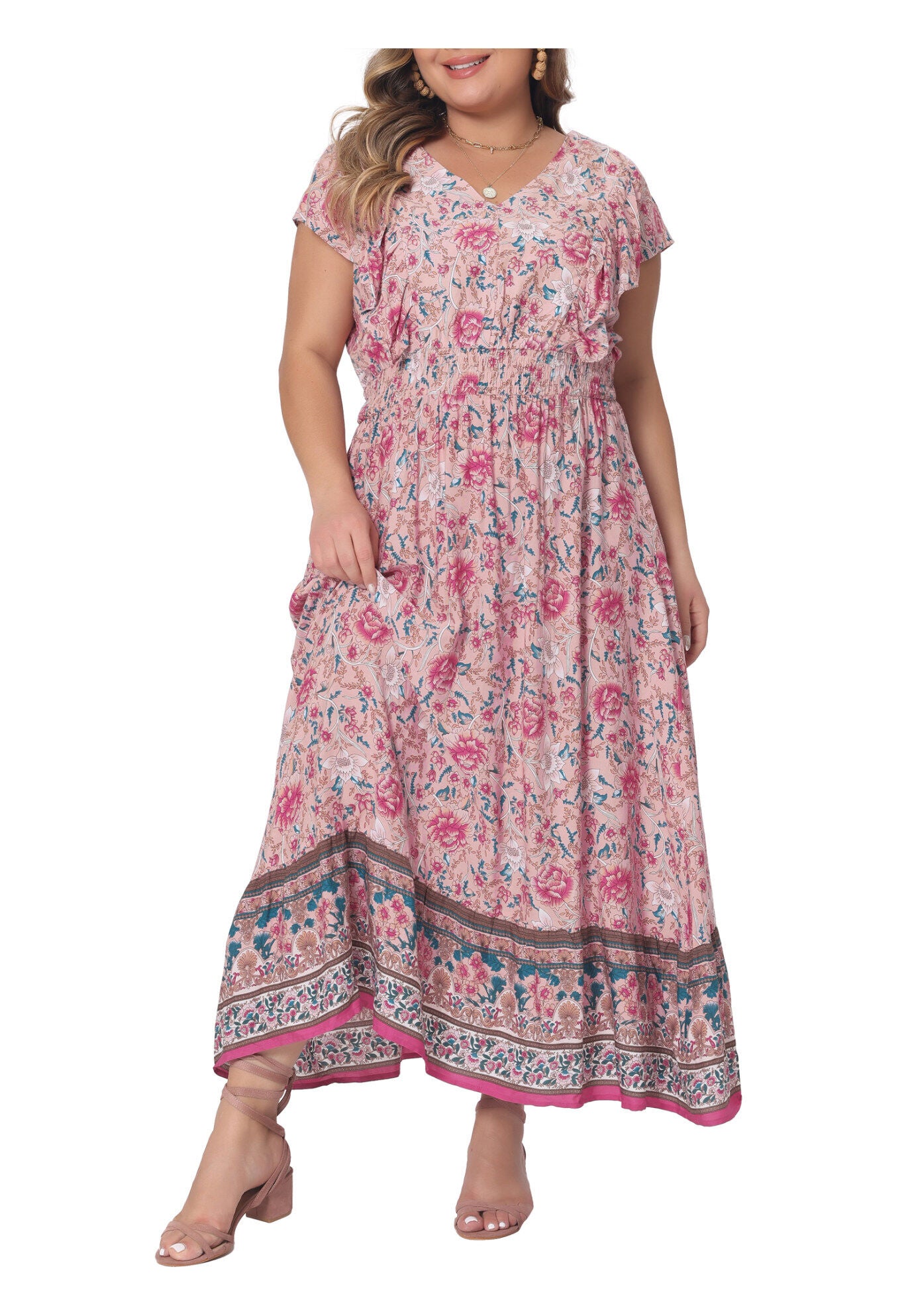 V Neck Ruffle Sleeve Boho Floral Maxi Long Dress, Pink / Pink, alternate image number 1