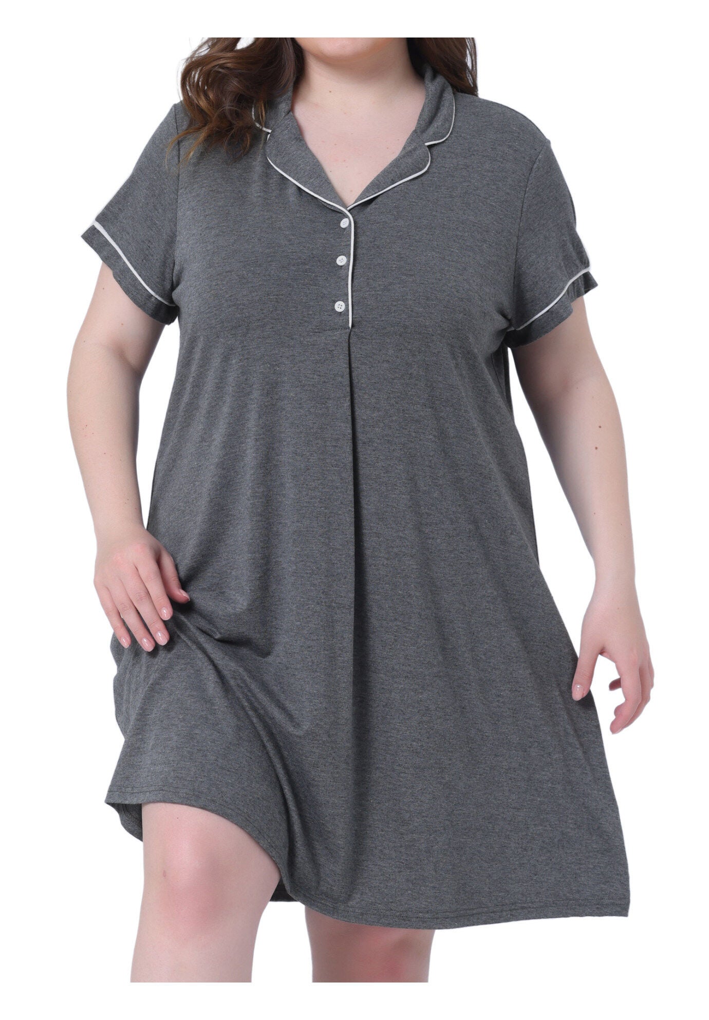 Short Sleeves Pajama Button Down Nightshirt, Dark Gray / Charcoal Grey, alternate image number 2