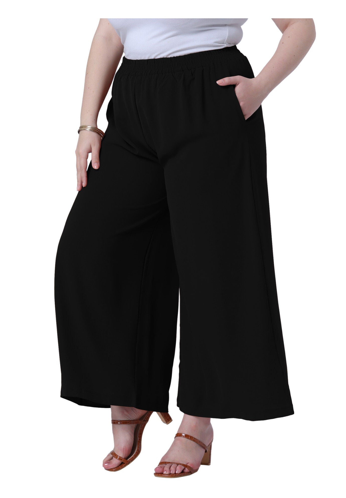 Wide Leg Pockets Casual Summer Palazzo Pants, Black / Black, alternate image number 1