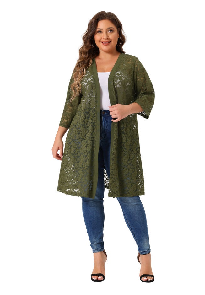 LACE CROCHET 3/4 SLEEVE COVER UP CARDIGAN, Army Green / Hunter Green, alternate image number 3