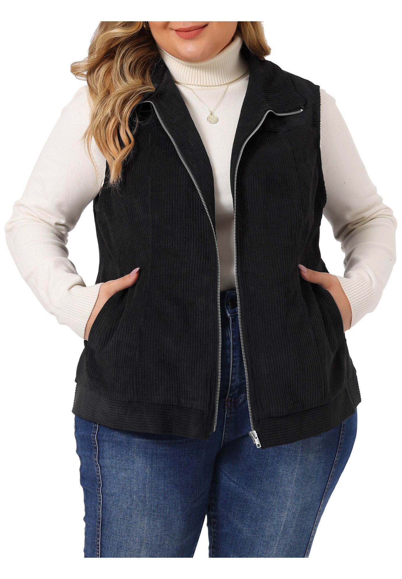 SLEEVELESS ZIPPER SIDE POCKET CORDUROY VEST, Black / Black, alternate image number 2